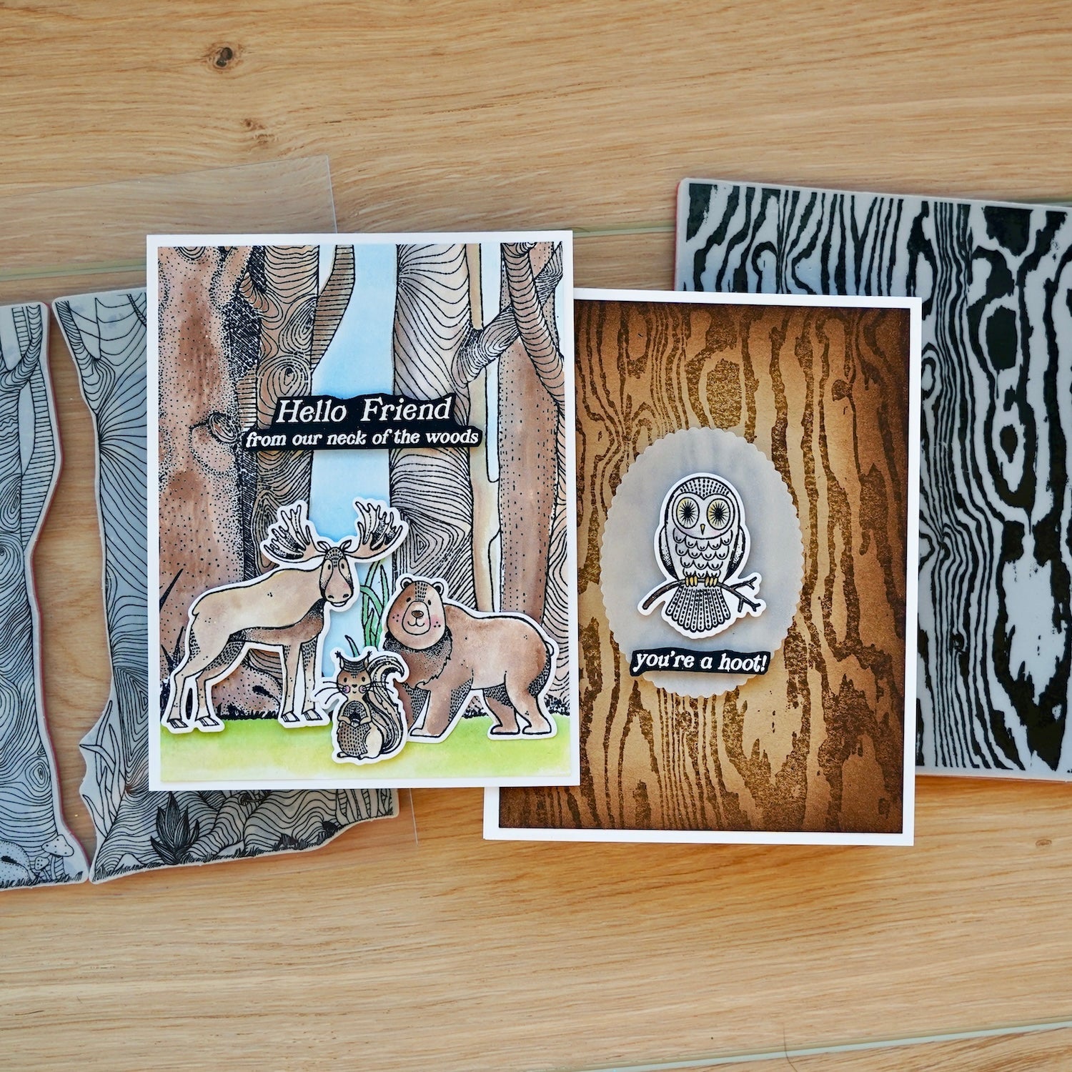 Ranger Simon Hurley Bold Woodgrain Background Cling Stamp hur87915 You're A Hoot Owl Card And Animals