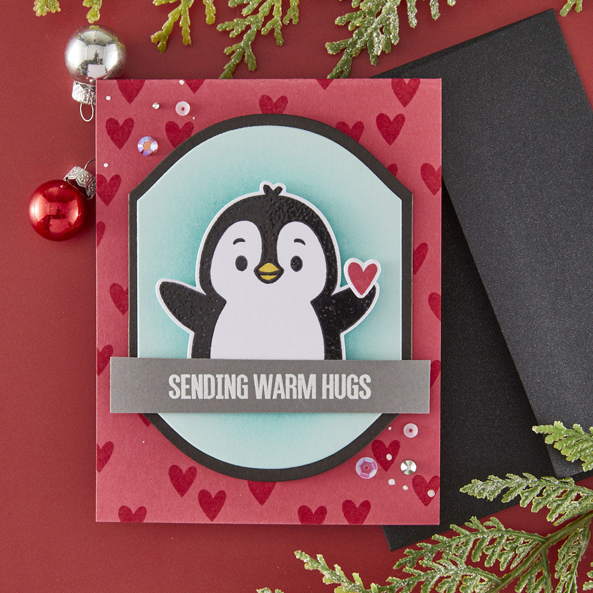 Ranger Simon Hurley Christmas Hugs Clear Stamps hur92278 Penguin Card