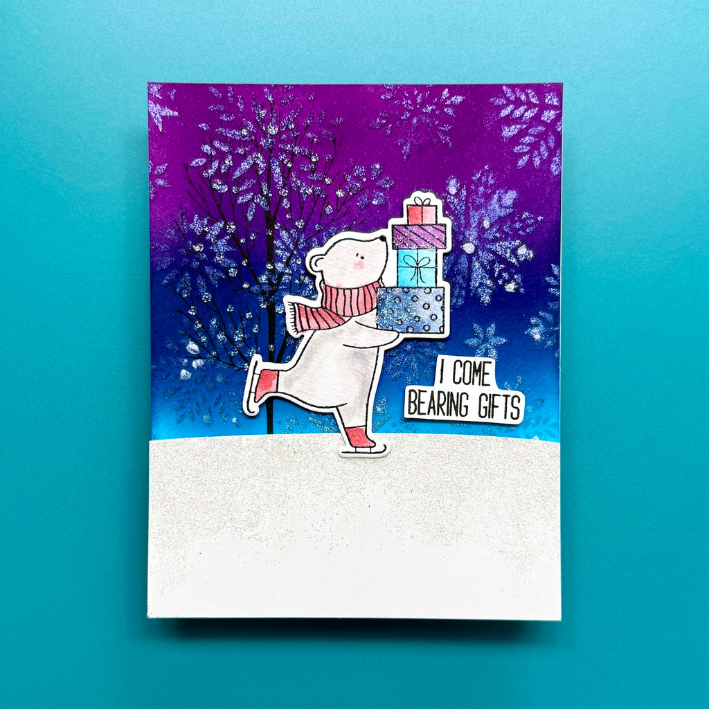 Ranger Simon Hurley Dazzling Snowflakes Stencil hus91653 I Come Bearing Gifts Card