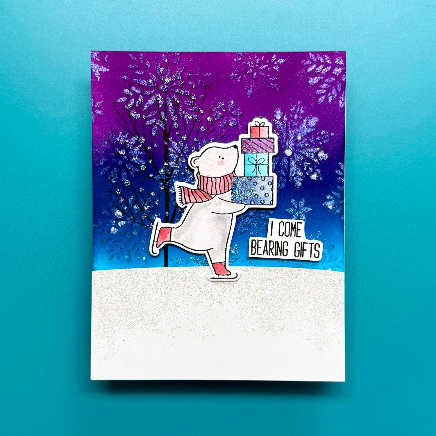 Ranger Simon Hurley Dazzling Snowflakes Stencil hus91653 I Come Bearing Gifts Card