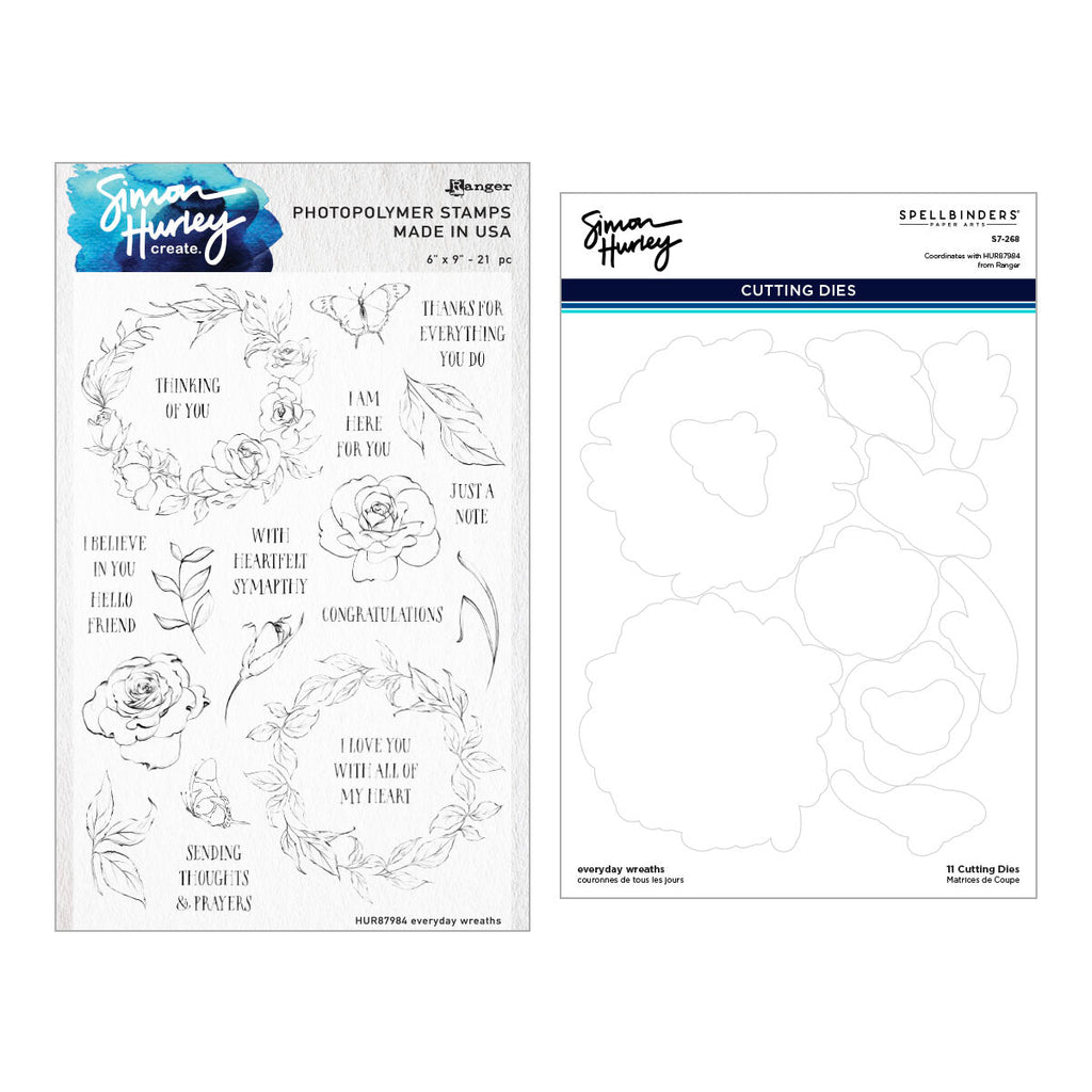 Ranger Simon Hurley Everyday Wreaths Clear Stamps And Dies Bundle set with wafer outlines