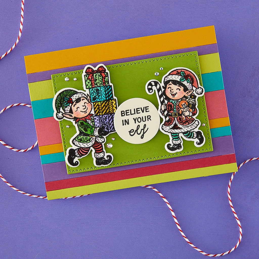 Ranger Simon Hurley Naughty Or Nice Clear Stamps And Dies Bundle Believe in your elf Rainbow stripes card with merry Christmas Elves
