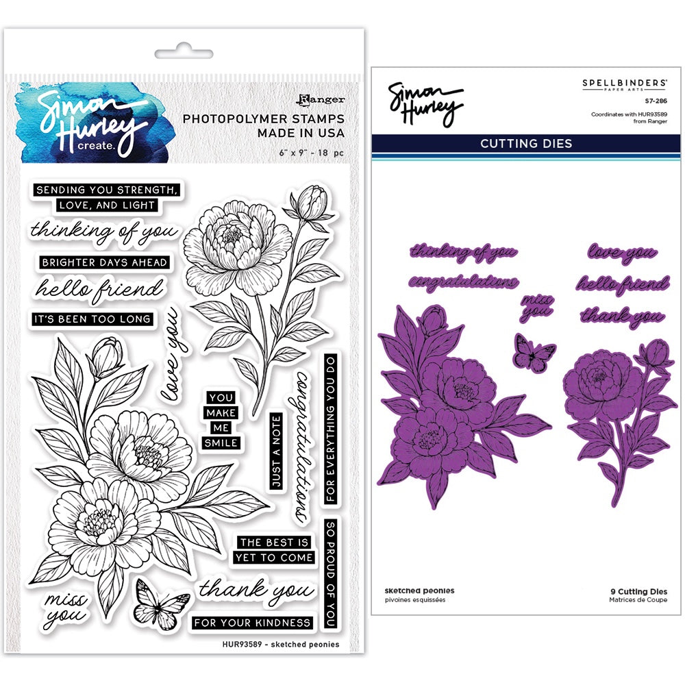 Ranger Simon Hurley Sketched Peonies Clear Stamps And Dies Bundle