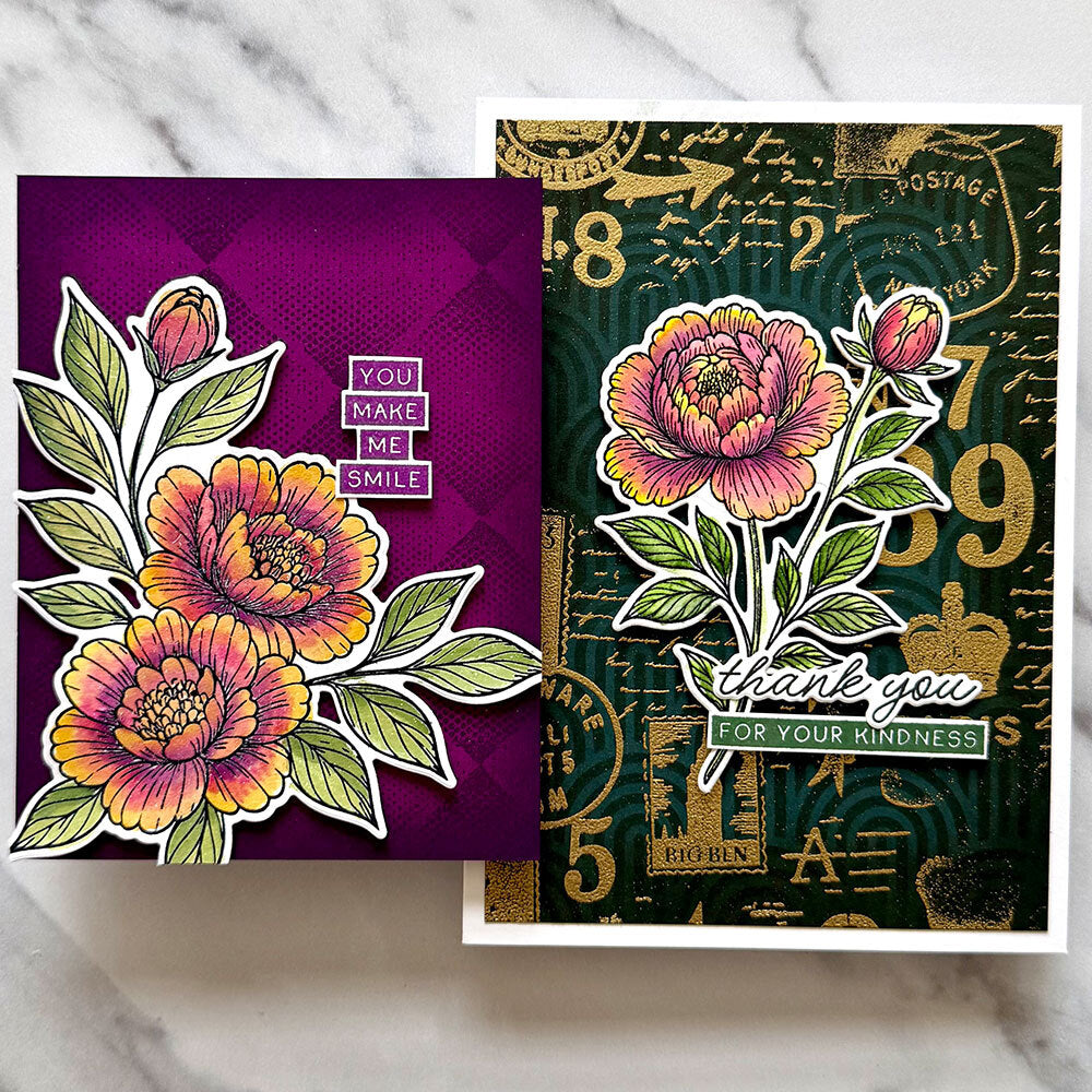 Ranger Simon Hurley Sketched Peonies Clear Stamps And Dies Bundle Thank You For Your Kindness Card