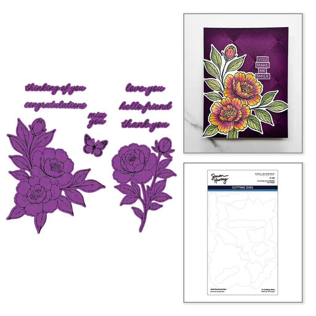 Ranger Simon Hurley Sketched Peonies Clear Stamps And Dies Bundle s7-286 wafer dies set