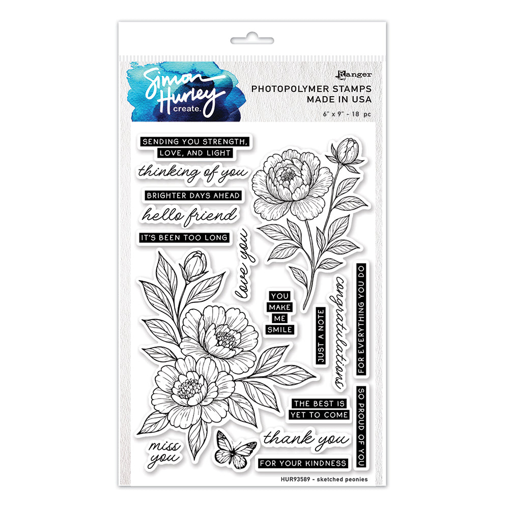 Ranger Simon Hurley Sketched Peonies Clear Stamps hur93589