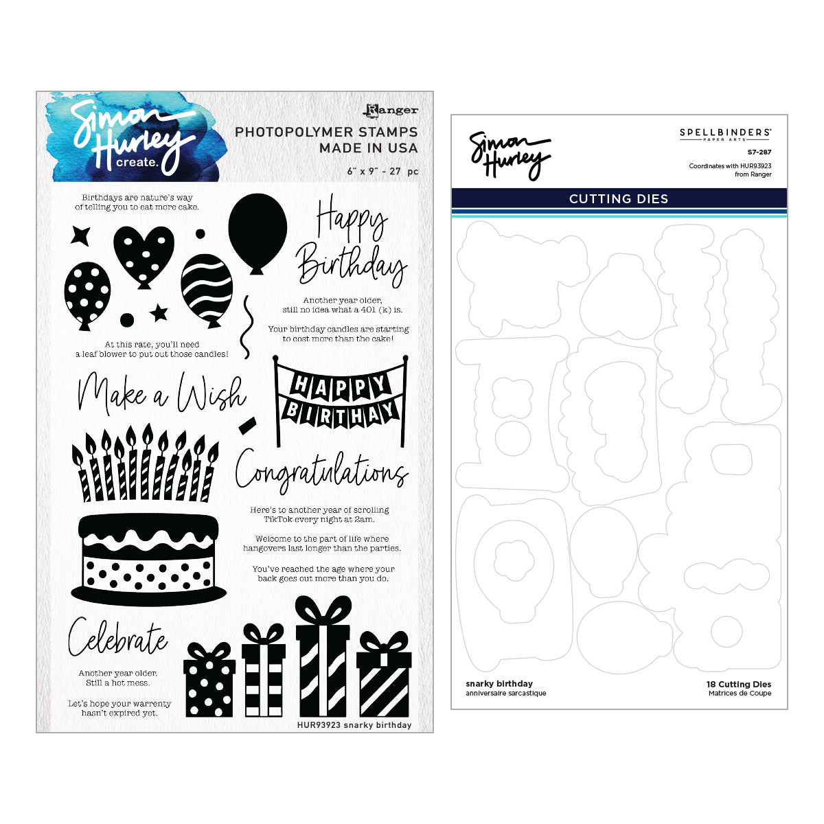 Ranger Simon Hurley Snarky Birthday Clear Stamps And Dies Bundle