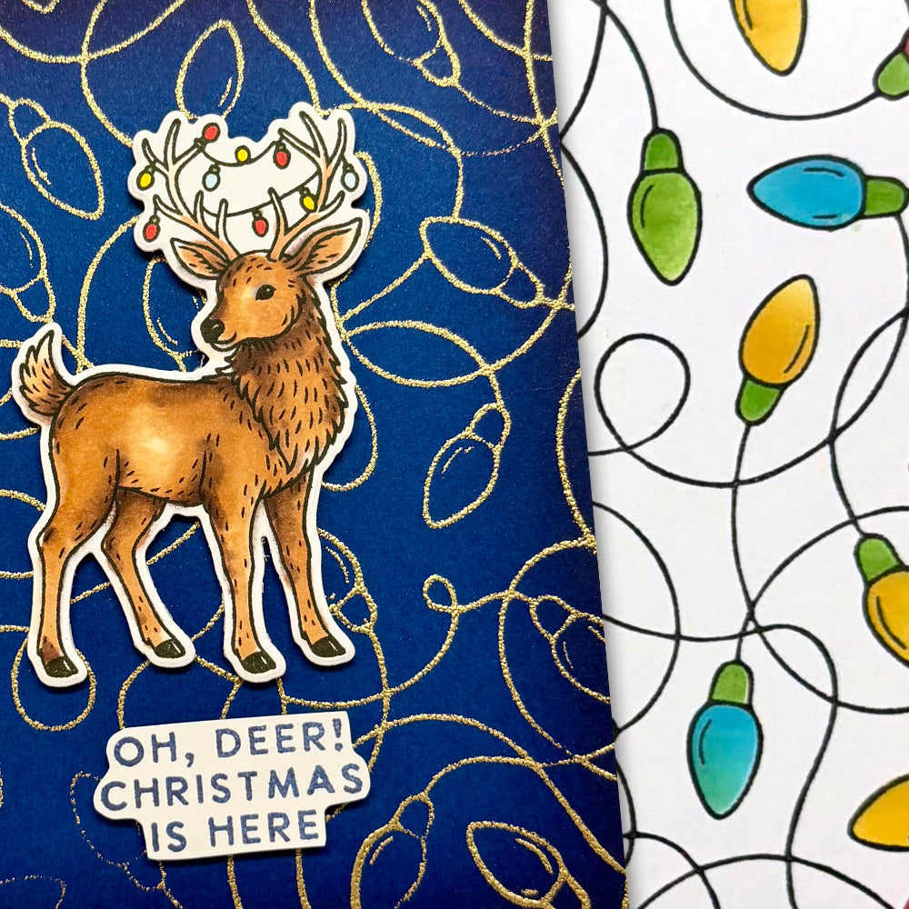 Ranger Simon Hurley Tangled Lights Cling Stamp And Stencils Bundle Oh deer Christmas is here card