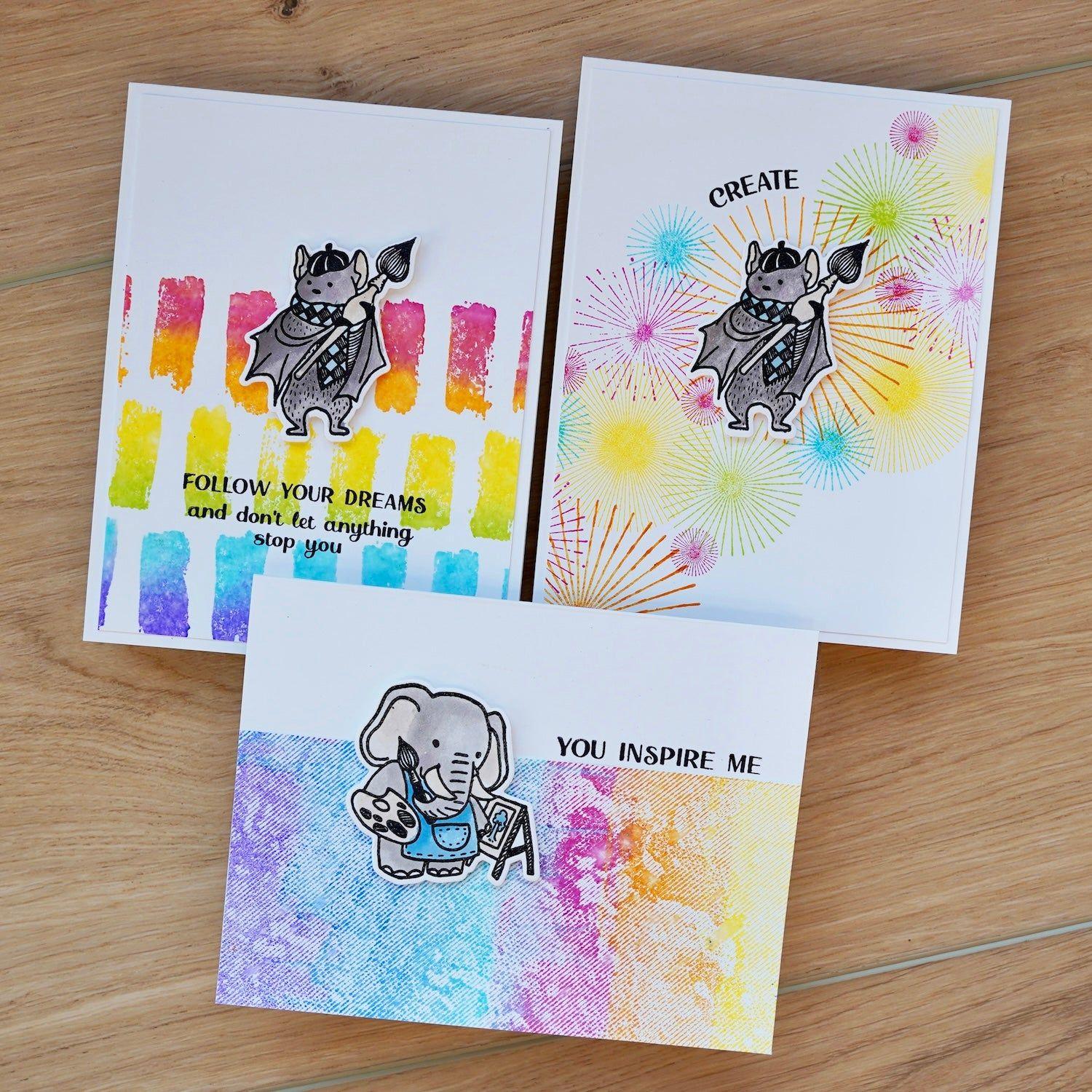 Ranger Simon Hurley Watercolor Background Cling Stamp hur87939 Card Trio