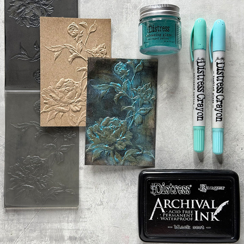 Ranger Tim Holtz Distress Crayon Salvaged Patina tdb77220 Embossed Floral | color-code:ALT01