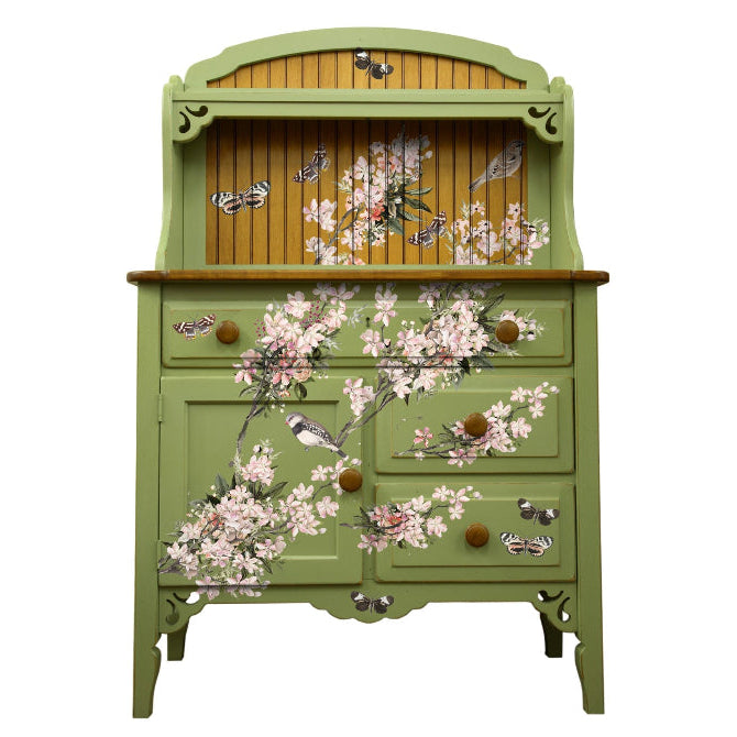 Redesign With Prima Marketing Blossom Botanica Decor Transfers 651060 Green Hutch with Flowers and Butterflies