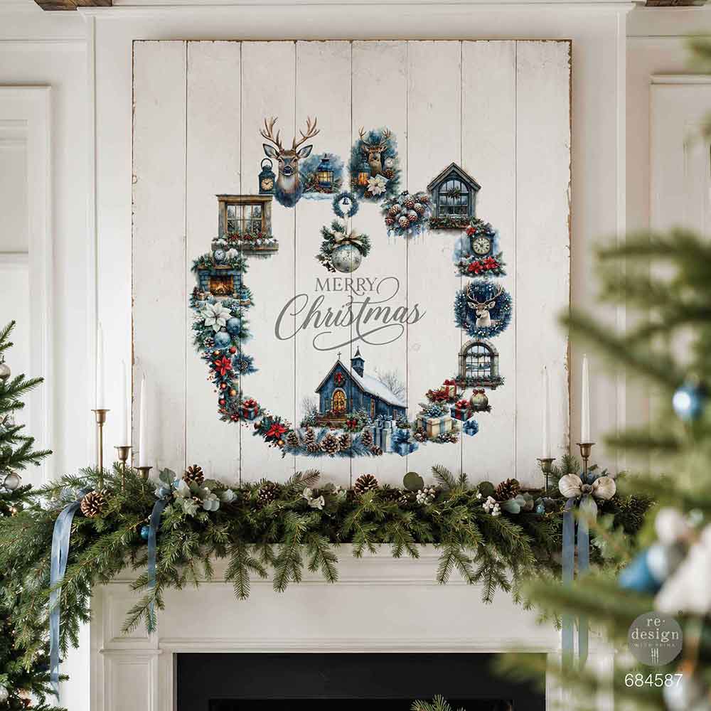 Redesign With Prima Marketing Quiet Country Blue Middy Plus Transfers 684587 Christmas Wreath Wood Panel Wall Art Decoration