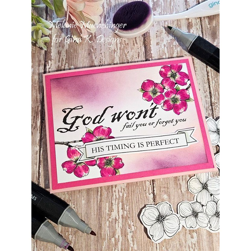 Religious Bright Pink Card with Floral elements and sentiment 'God won't fail or forget you His timing is perfect'