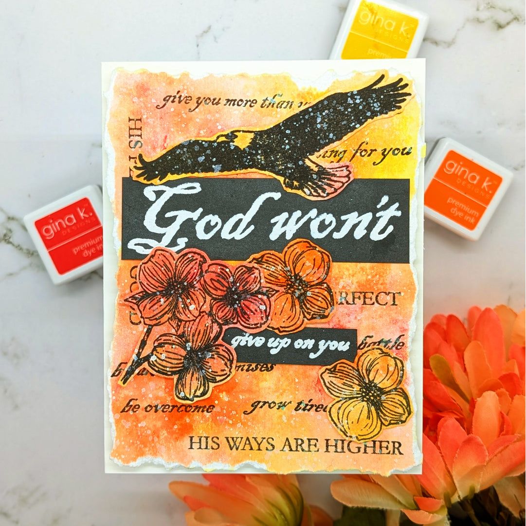 Religious card featuring floral elements and flying eagle with sentiment 'God won't give up on you'