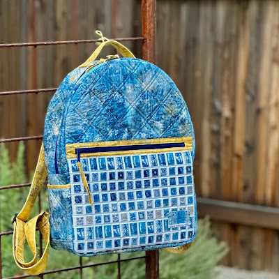 Richele Christensen Tim Holtz Blue fabric pallete the archie backpack with yellow zippers | color-code:alt1