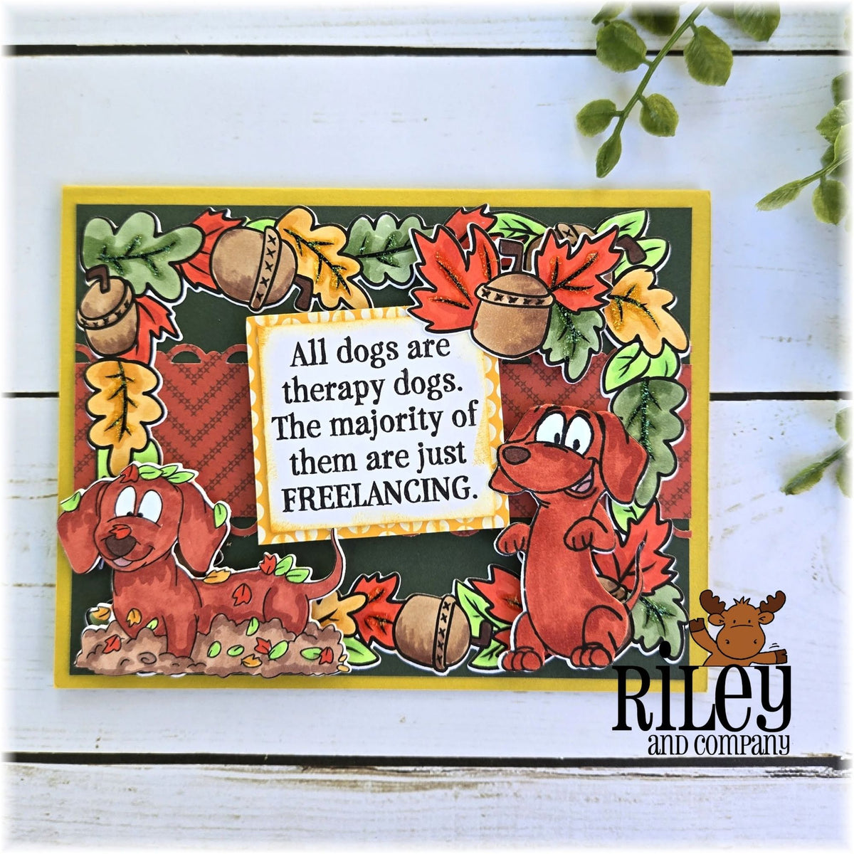 Riley And Company Autumn Leaves Frame Clear Stamp and Die Set dogs playing in leaves card