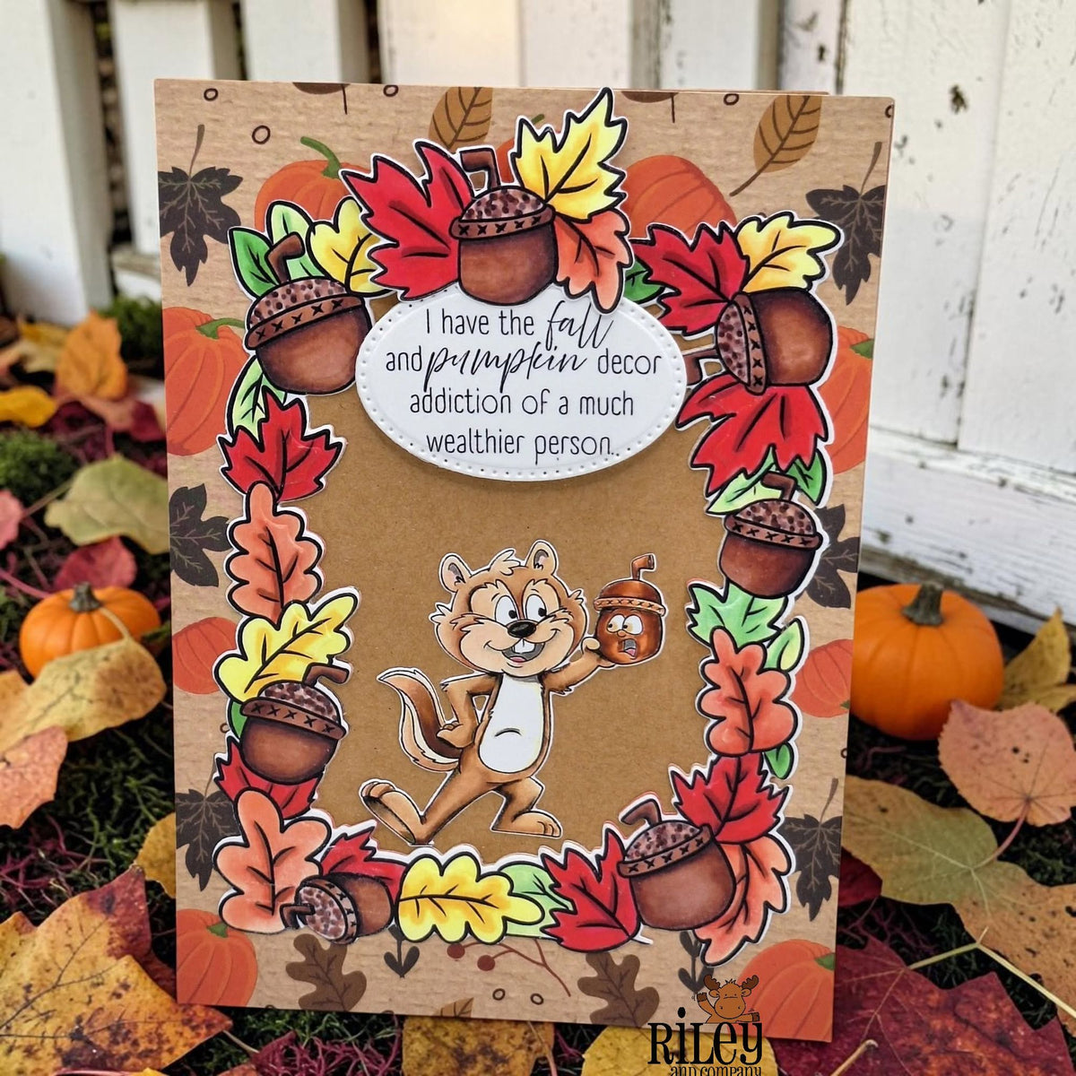 Riley And Company Autumn Leaves Frame Clear Stamp and Die Set squirrel and acorns card