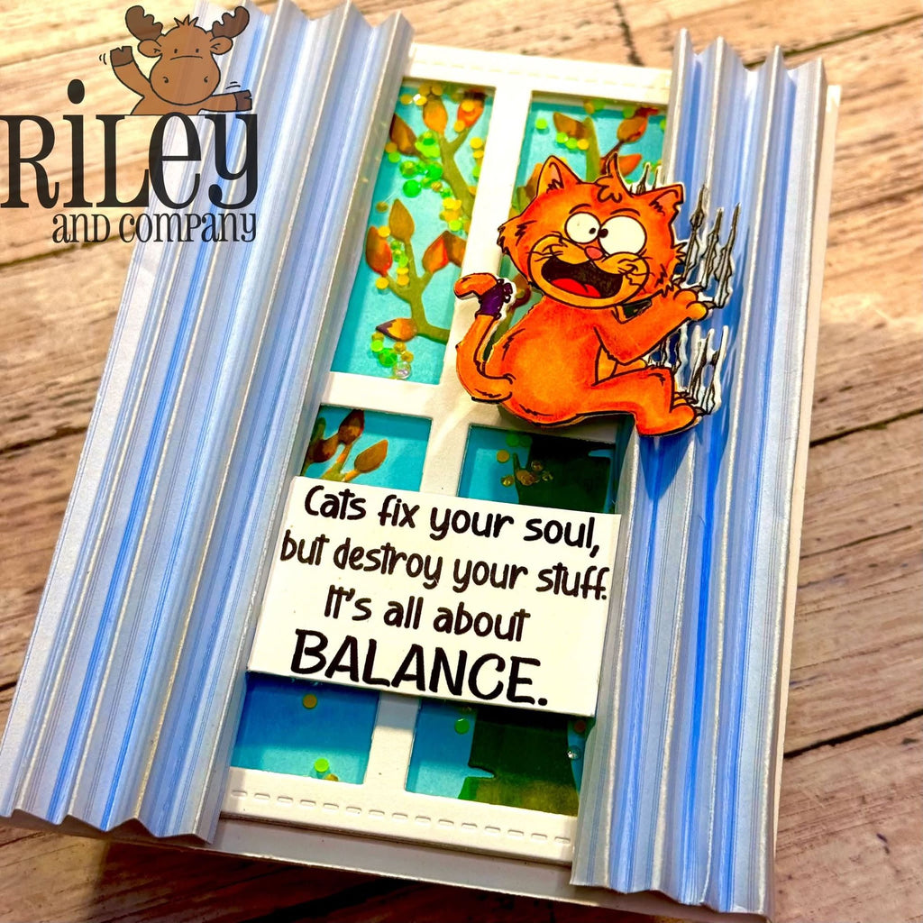 Riley And Company Funny Bones Balance Clear Stamp rwd-1477 cat scratching curtains card
