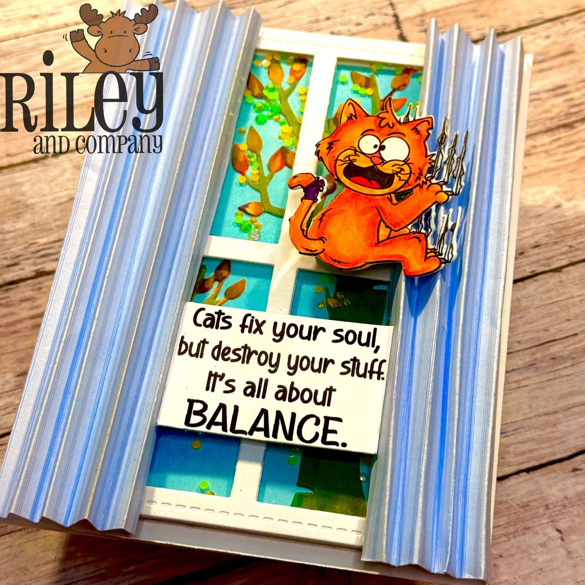 Riley And Company Funny Bones Balance Clear Stamp rwd-1477 cat scratching curtains card