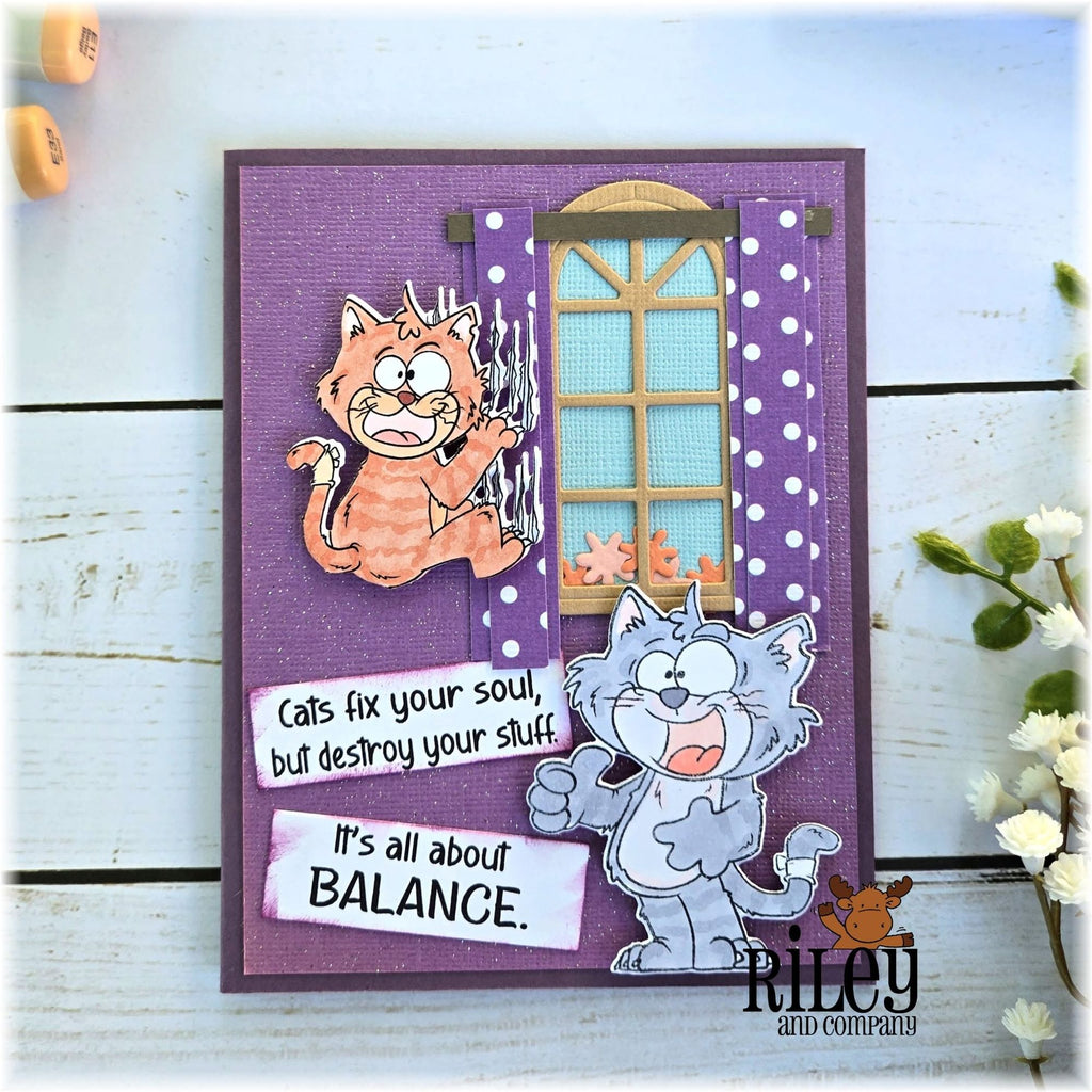 Riley And Company Funny Bones Balance Clear Stamp rwd-1477 purple polka dot curtains card