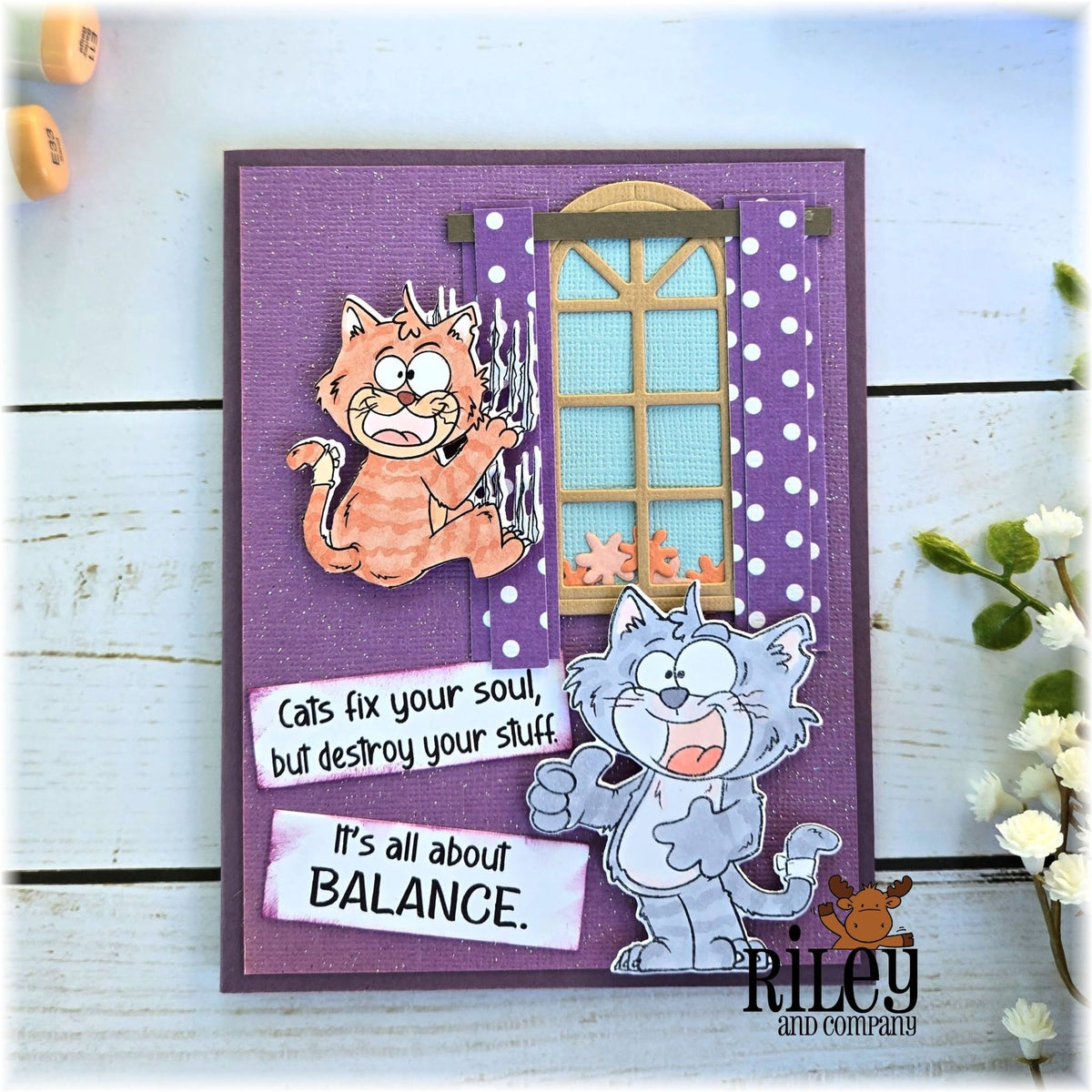 Riley And Company Funny Bones Balance Clear Stamp rwd-1477 purple polka dot curtains card