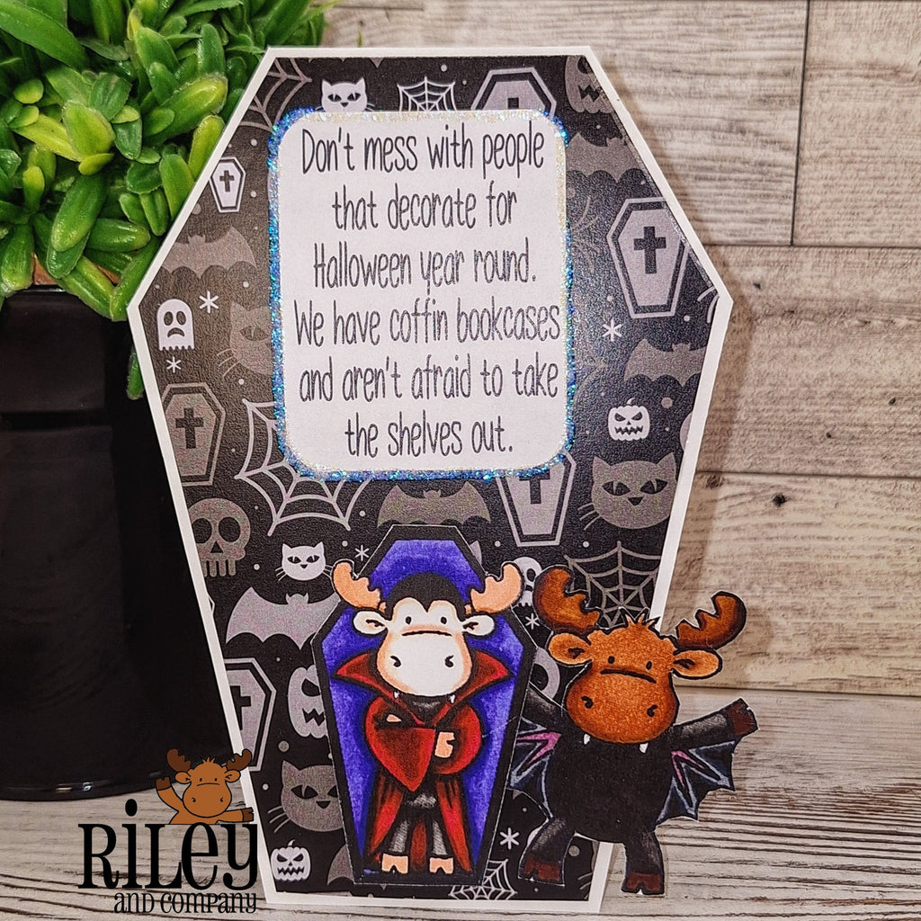 Riley And Company Funny Bones Coffin Bookcases Clear Stamp rwd-1401 cats