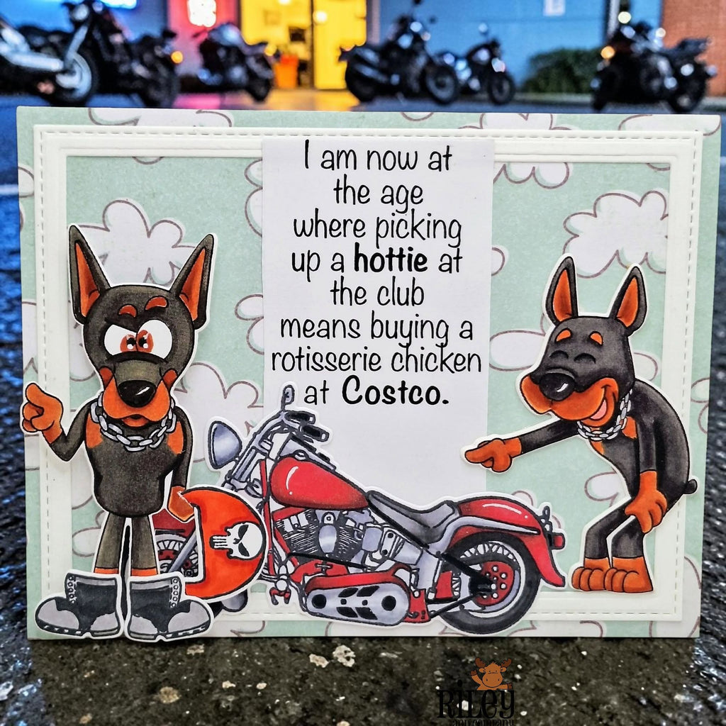 Riley And Company Funny Bones Costco Chicken Clear Stamp rwd-1475 doberman in boots card