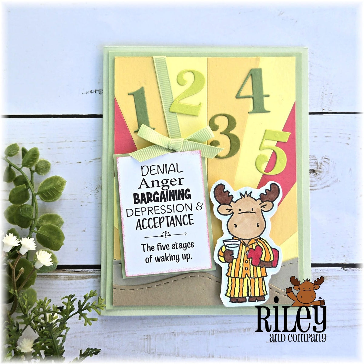 Riley And Company Funny Bones Five Stages of Waking Up Clear Stamp rwd-1483 moose in pajamas card