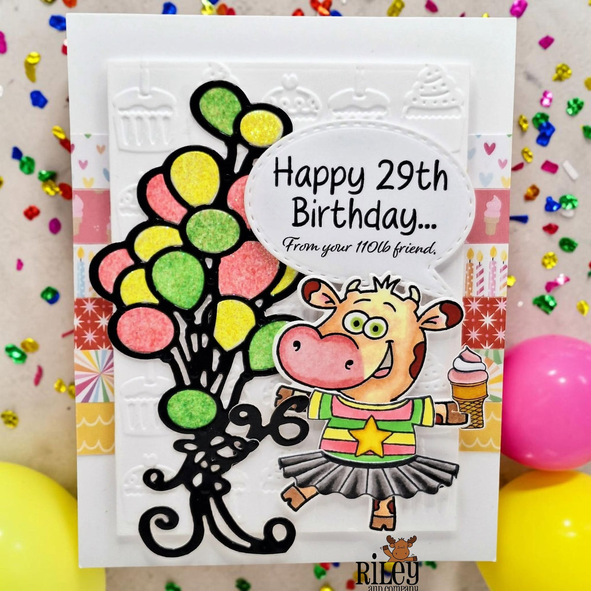 Riley And Company Funny Bones Happy 29th Birthday Clear Stamp rwd-1478 balloons card