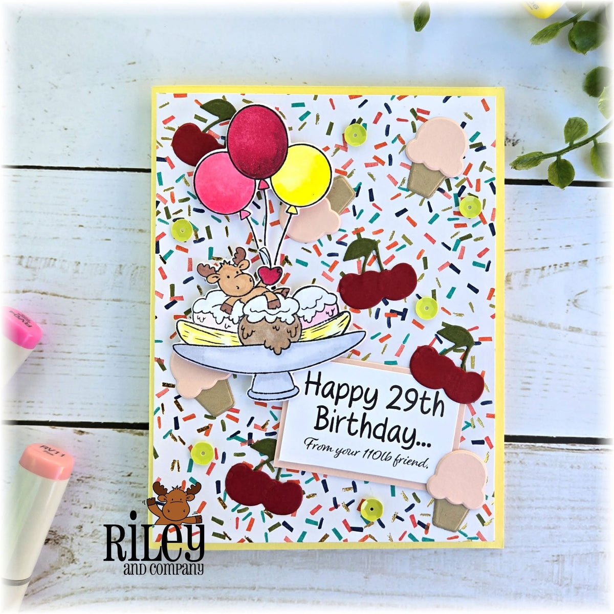 Riley And Company Funny Bones Happy 29th Birthday Clear Stamp rwd-1478  ice cream sundae card