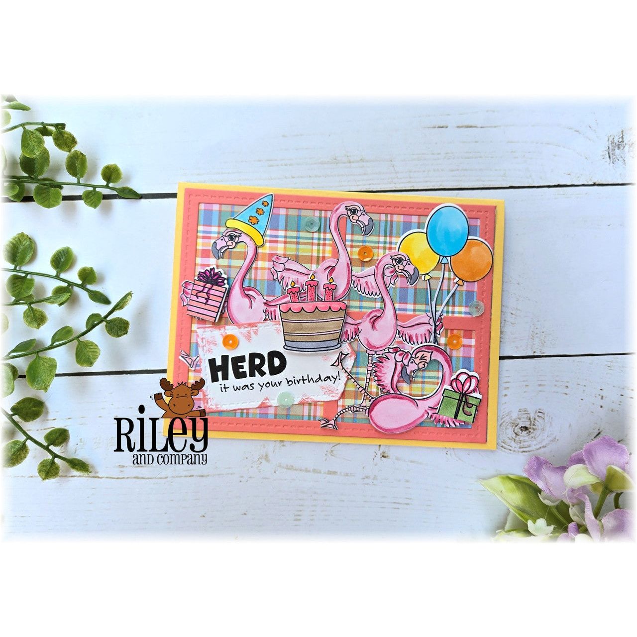 Riley And Company Funny Bones Herd It Was Your Birthday Clear Stamp rwd-1393 flamingos