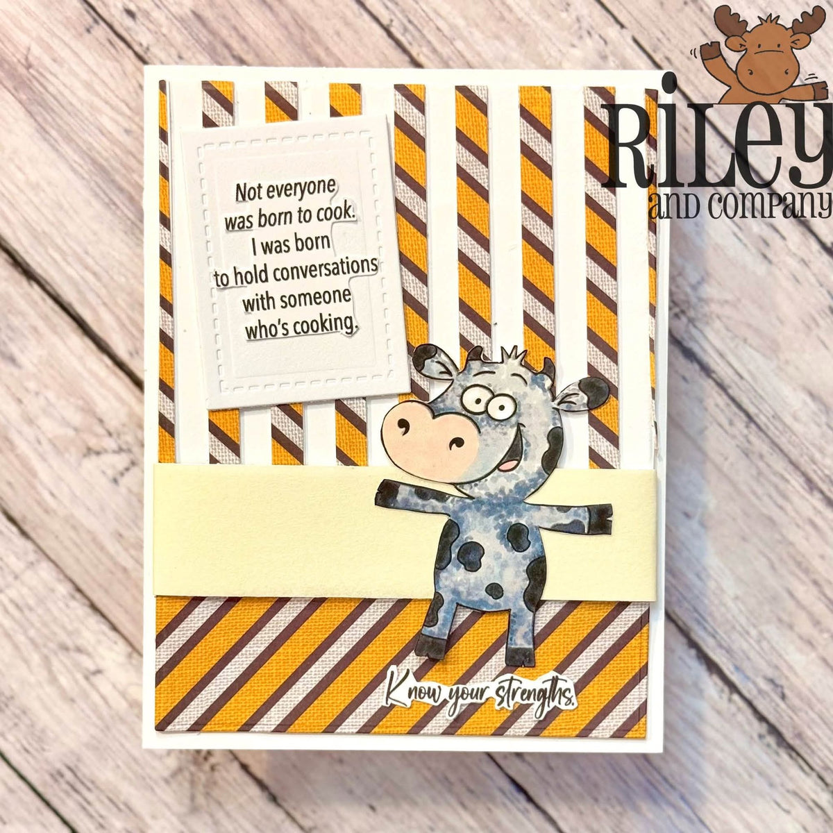Riley And Company Funny Bones Know Your Strengths Clear Stamp rwd-1484 yellow and brown stripes background card