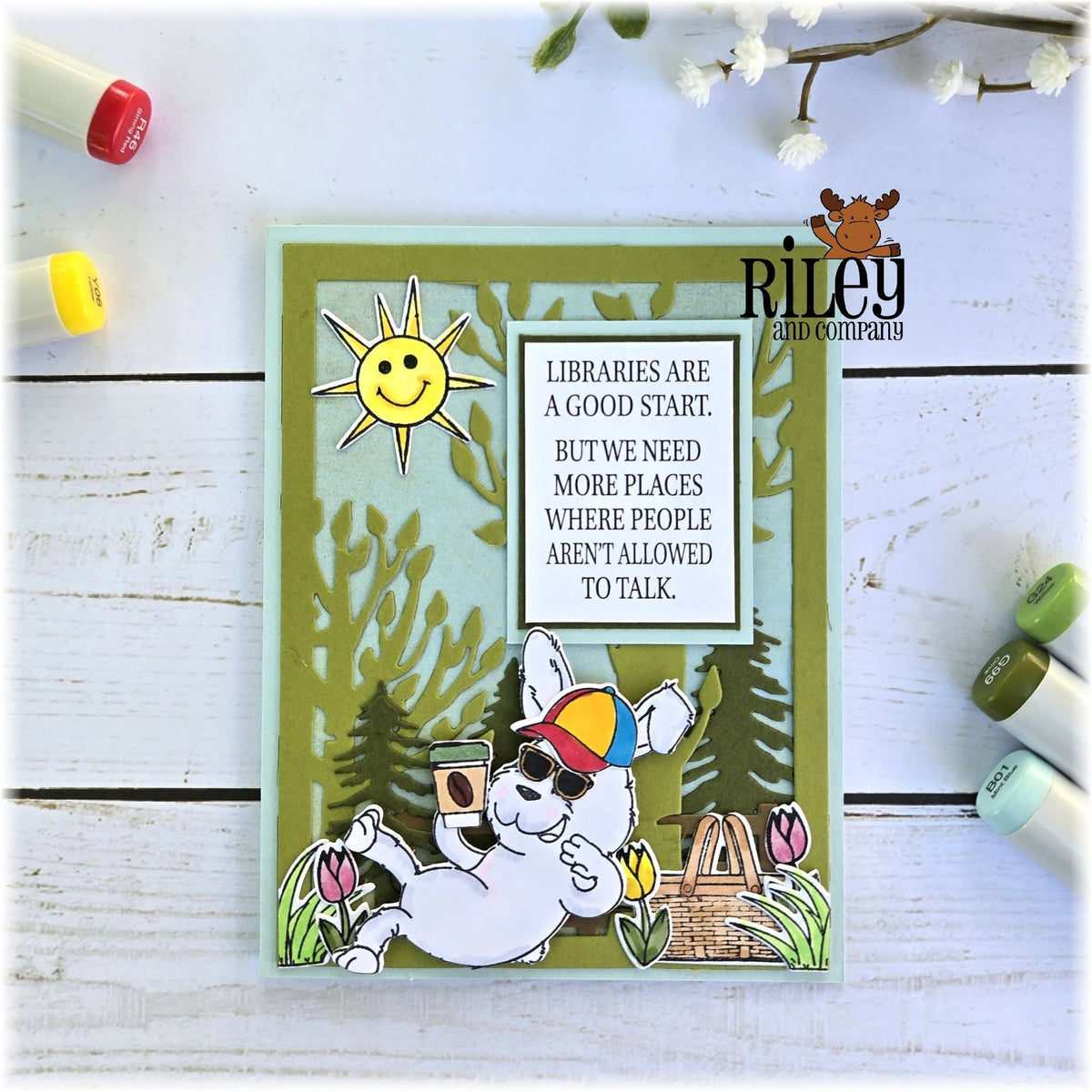 Riley And Company Funny Bones Libraries are Good Clear Stamp rwd-1481 bunny in a hat card