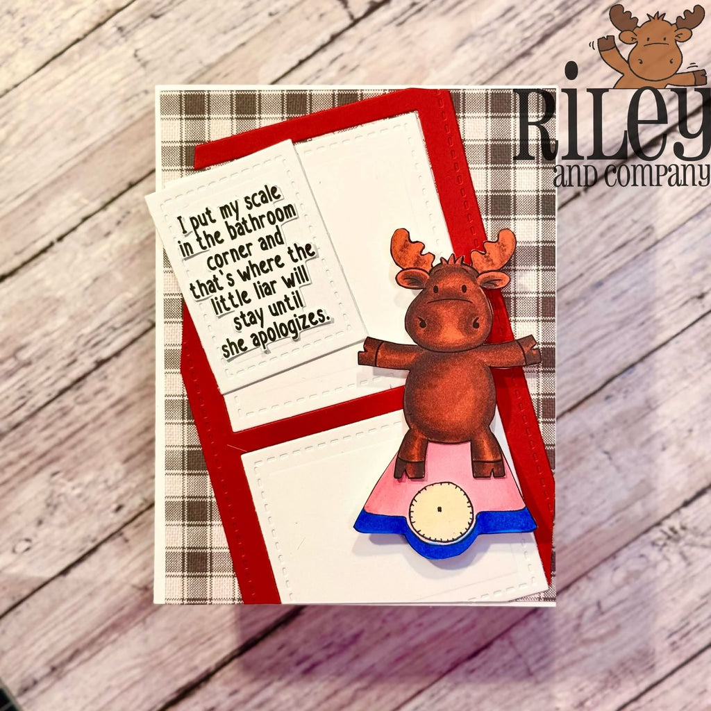 Riley And Company Funny Bones My Bathroom Scale Clear Stamp rwd-1485 plaid background card