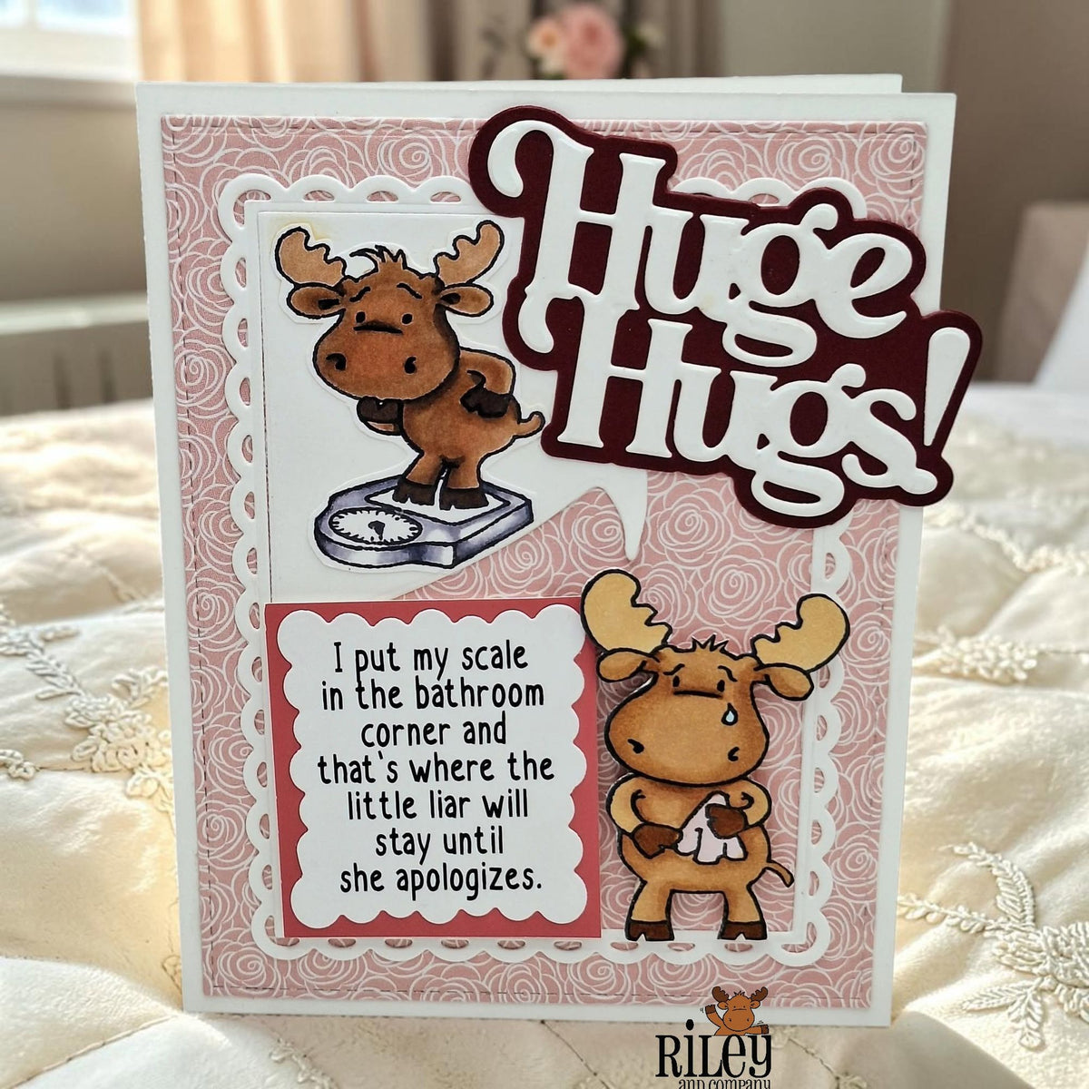 Riley And Company Funny Bones My Bathroom Scale Clear Stamp rwd-1485 roses background hugs card