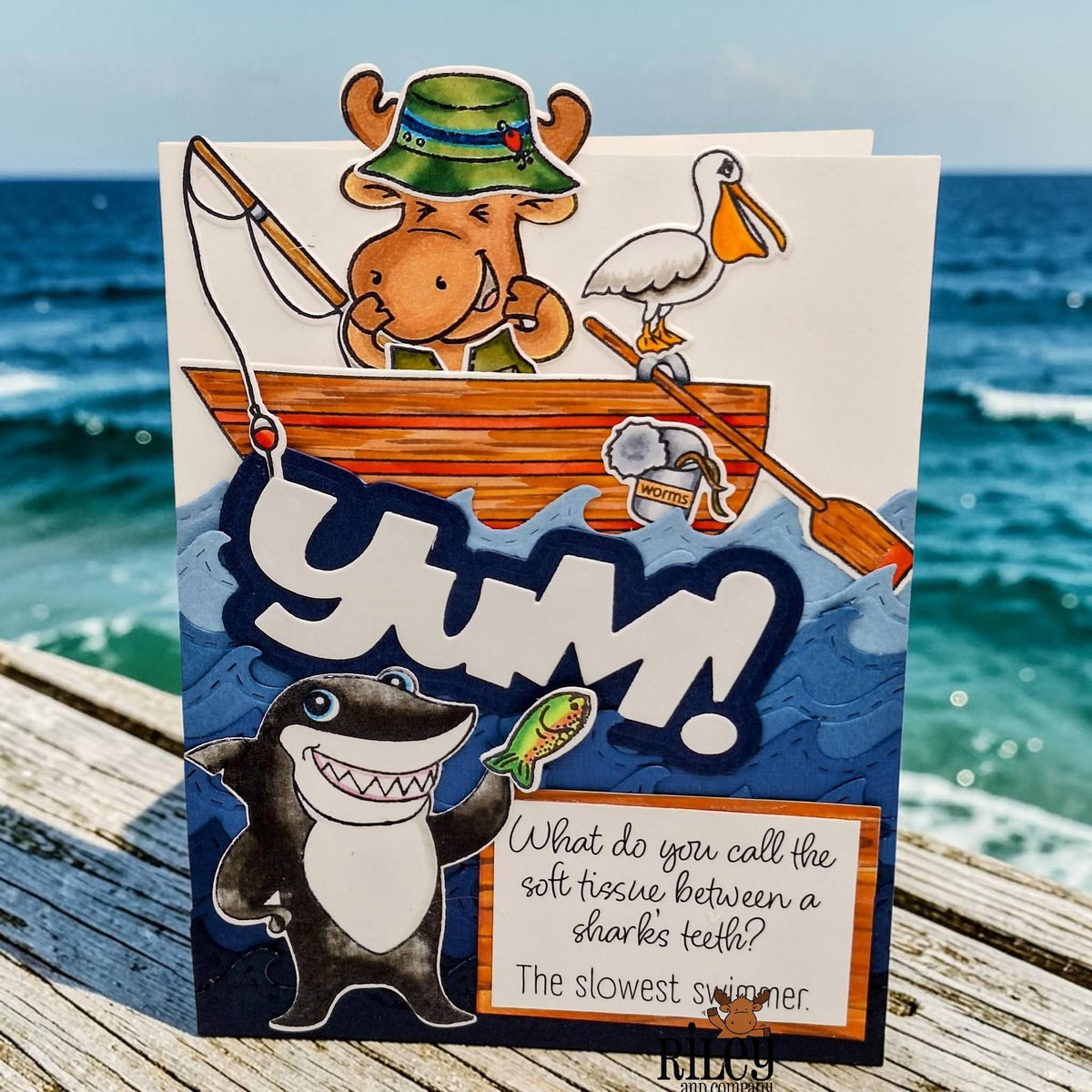Riley And Company Funny Bones The Slowest Swimmer Clear Stamp rwd-1476 moose in a boat card