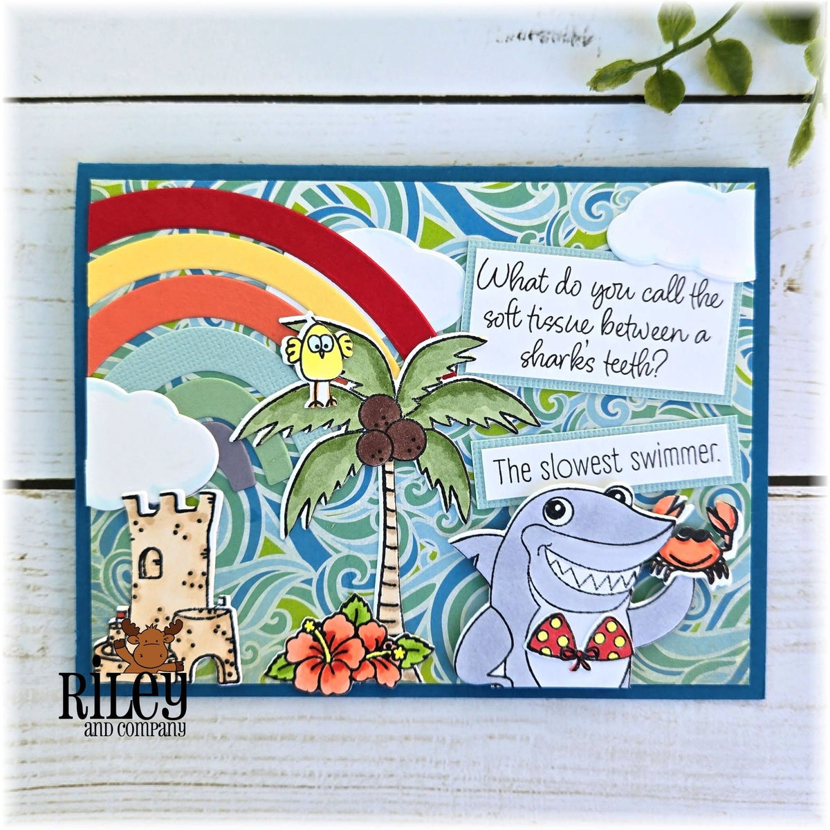 Riley And Company Funny Bones The Slowest Swimmer Clear Stamp rwd-1476 rainbow palm tree card