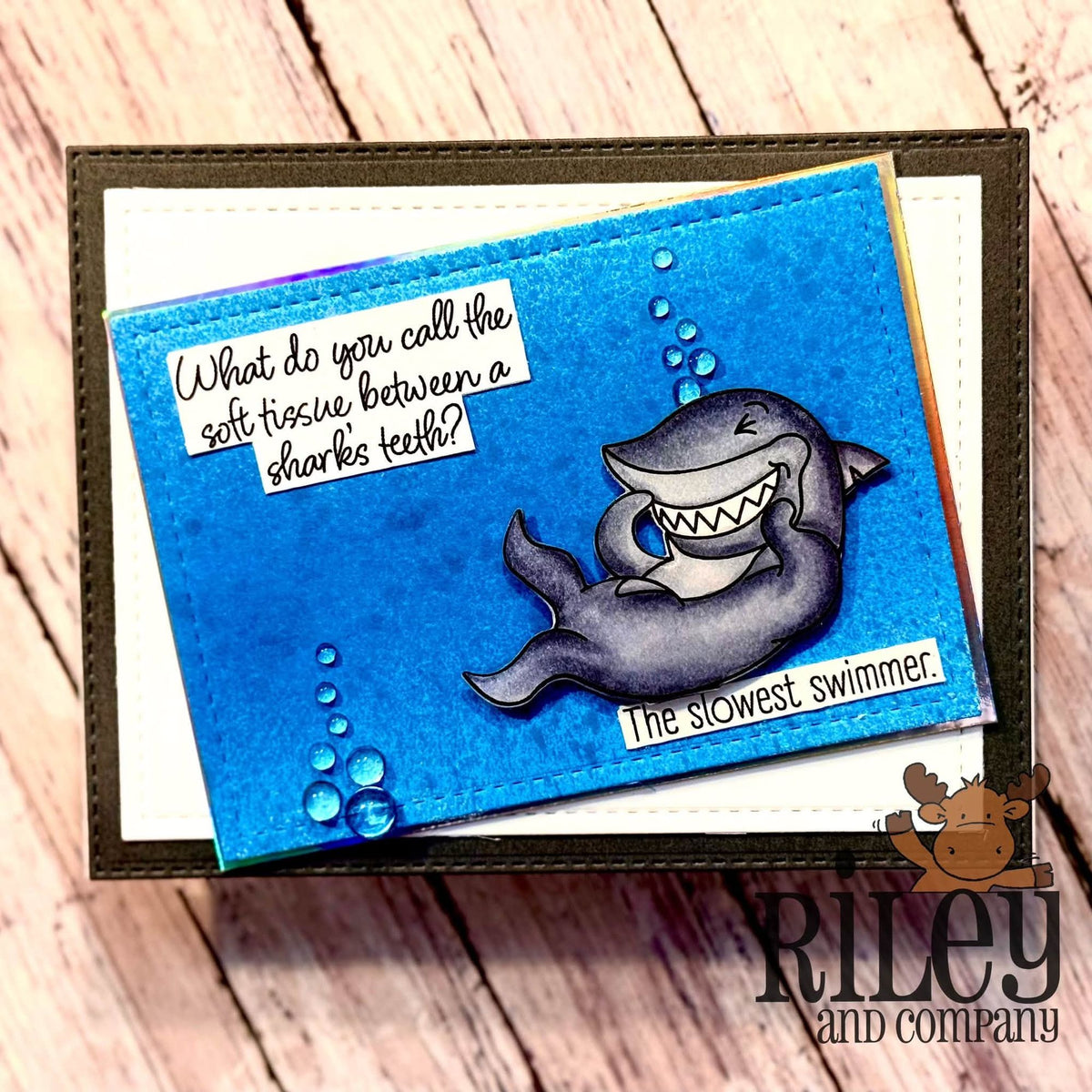 Riley And Company Funny Bones The Slowest Swimmer Clear Stamp rwd-1476 shark giggling card