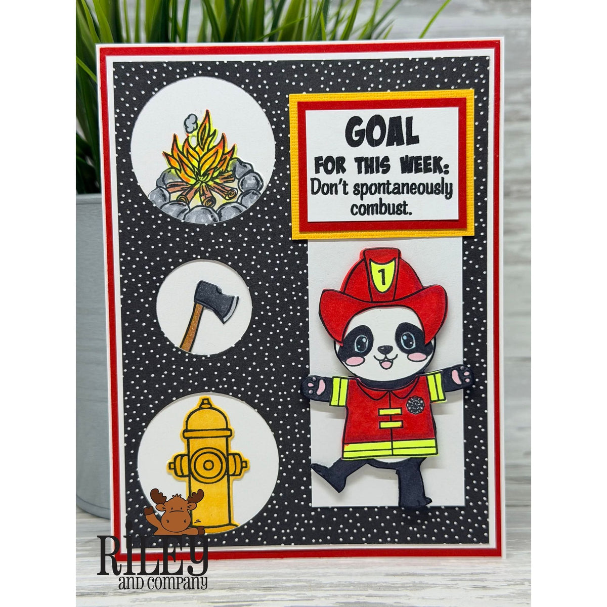 Riley And Company Funny Bones This Week's Goal Clear Stamp rwd-1482 firefighter panda card