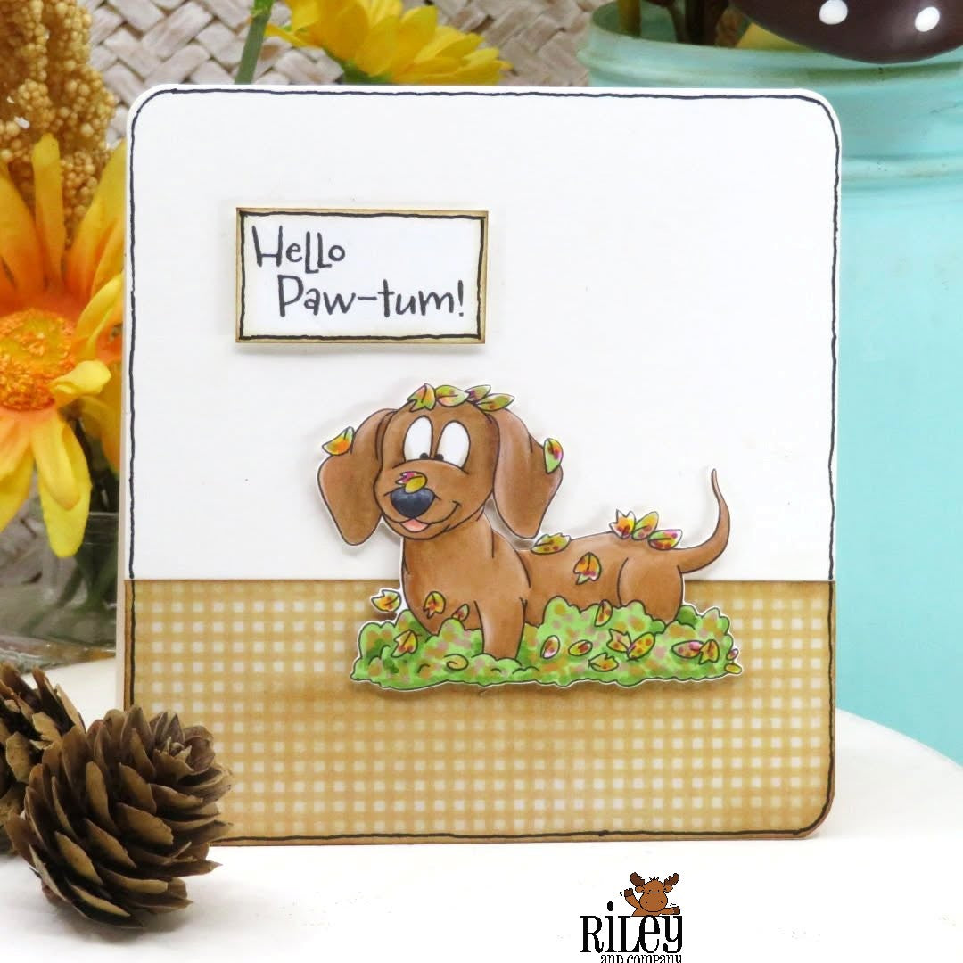 Riley And Company Woody and Hazel Fall Fun Clear Stamp and Die Set dog playing in leaves card
