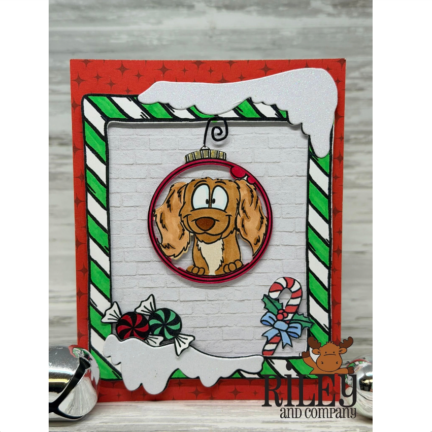 Riley and Company Candy Cane Frame Clear Stamp and Die Set green white stripes card