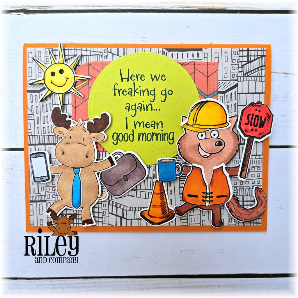 Riley and Company Funny Bones Here We Go Again Clear Stamp rwd-1433 orange vest