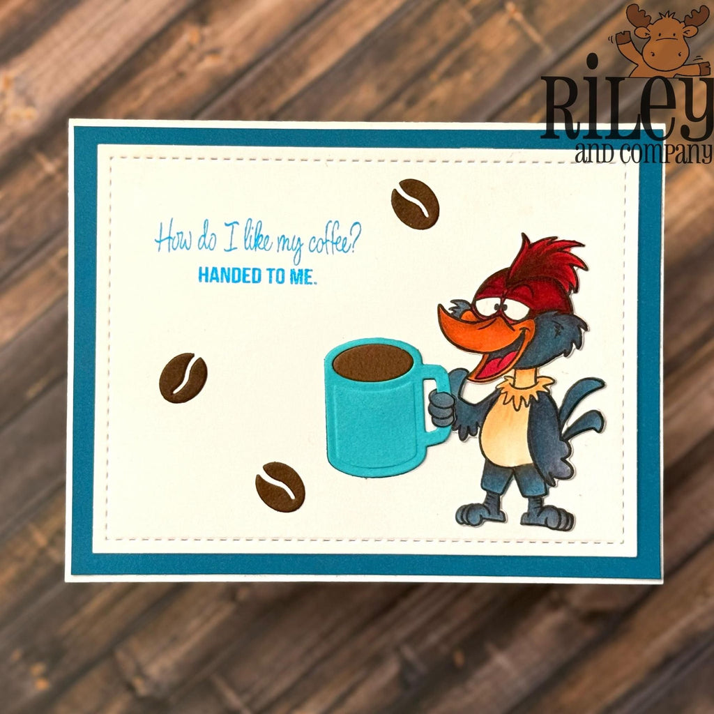 Riley and Company Funny Bones How Do I Like My Coffee? Clear Stamp rwd-1452 blue coffee cup