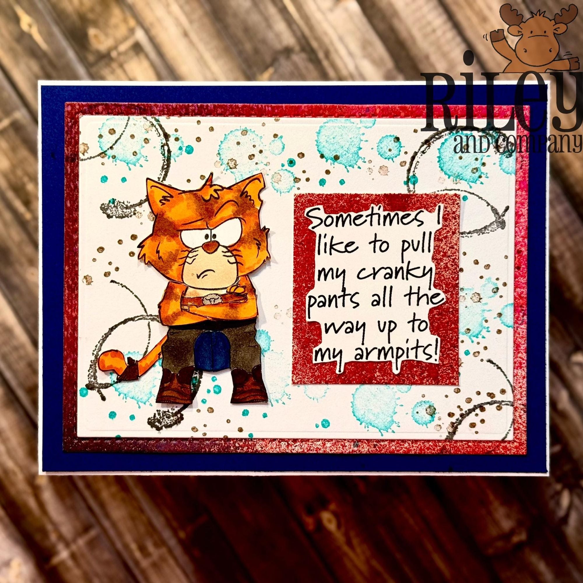 Riley and Company Funny Bones Pull Up Your Cranky Pants Clear Stamp rwd-1465 cat in pants