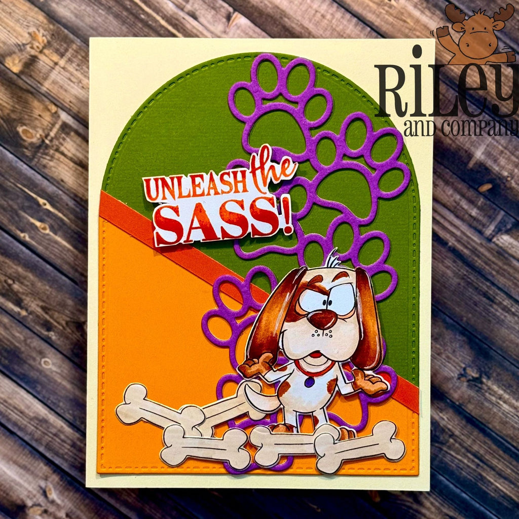 Riley and Company Funny Bones Unleash The Sass! Clear Stamp rwd-1453 purple paw prints card