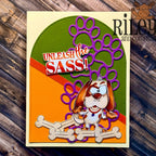 Riley and Company Funny Bones Unleash The Sass! Clear Stamp rwd-1453 purple paw prints card