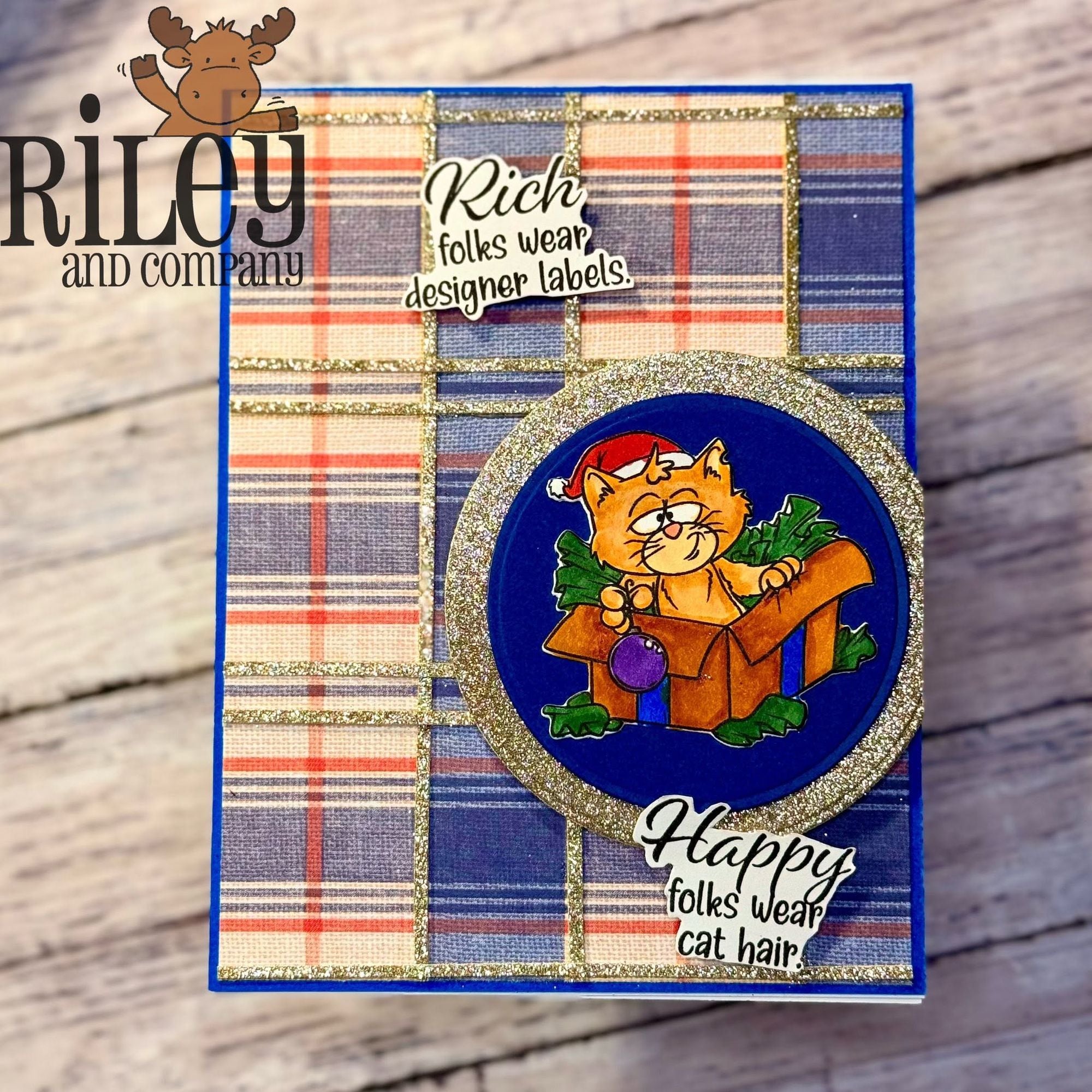 Riley and Company Hank Does Christmas Clear Stamp and Die Set blue red plaid card