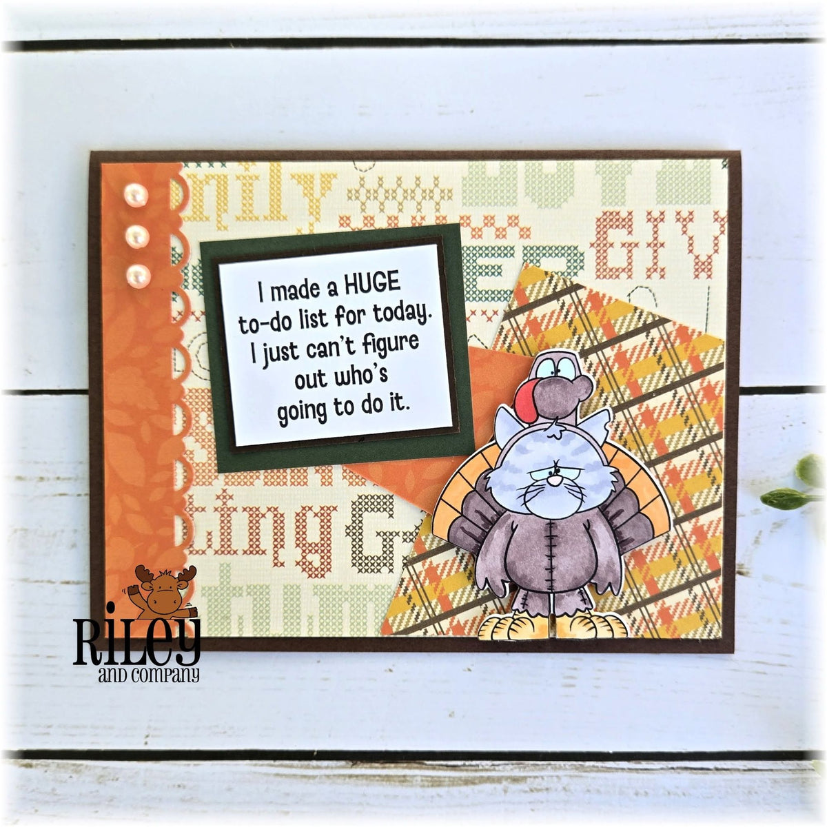 Riley and Company Hank Does Fall Clear Stamp and Die Set cat dressed as a turkey card