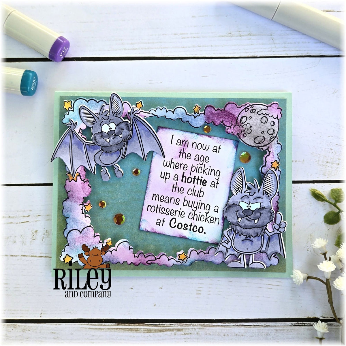 Riley and Company Moon and Stars Frame Clear Stamps rclr2039 full moon bats card