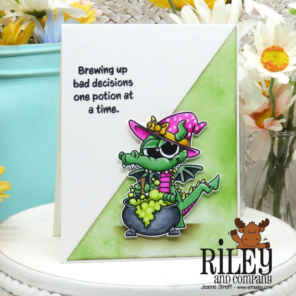 Riley and Company Tiki The Witch Clear Stamps rclr2035 pink witches hat card